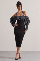 Black & White Polka Dot Halter-Neck Puff Sleeve Midi Dress